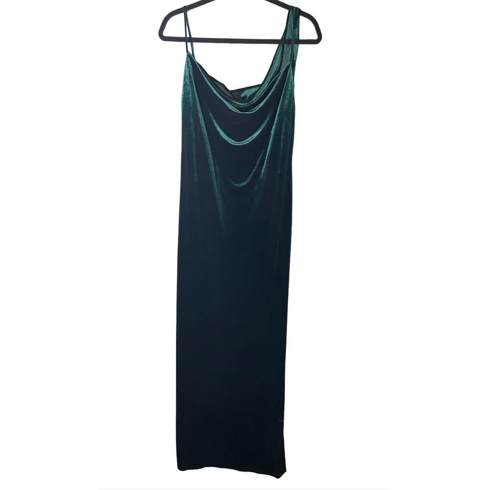 Social Bridesmaids Asymmetrical Velvet Maxi Slip Dress in Evergreen - Picture 3 of 5